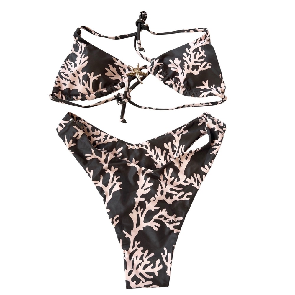 Coral Print Starfish Bikini Set Brown Pink High Cut Cheeky Swimsuit M NWOT Beach